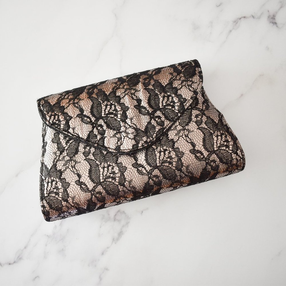 Neiman Marcus black & silver lacy mini purse with magnet snap closure
